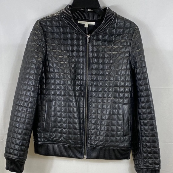Jonathan Simkhai Black Cubed Lambskin Leather Bomber Jacket - Picture 1 of 3